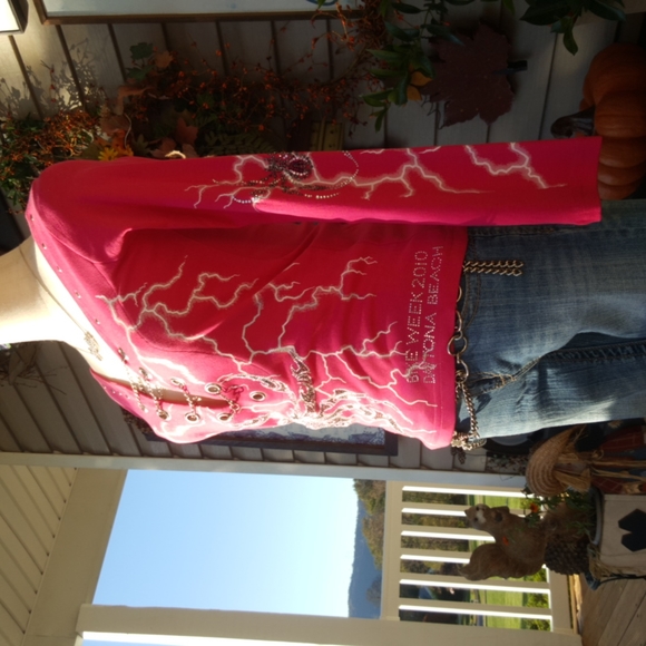 VANCE BIKERWEAR ♡ Pink L|S Spiders|Volts Graphics Studs|Rhinestones|Chains Top S - Picture 8 of 17